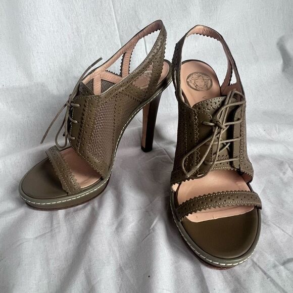 Versace taupe leather cutout lace up loafer style heels, size Euro 37.5/7.5 - Picture 2 of 7
